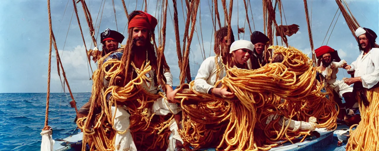 Prompt: pirates holding up spaghetti treasure, aboard a sailboat, caribbean, 1 7 0 0 s, canon 2 0 mm, photograph, kodachrome