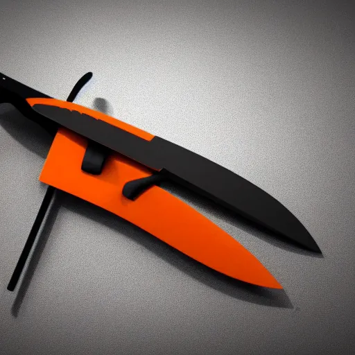 Prompt: a pair of black and orange knifes on a gray background, a 3 d render by dom qwek, trending on polycount, futurism, hard surface modeling, rendered in maya, artstation hd