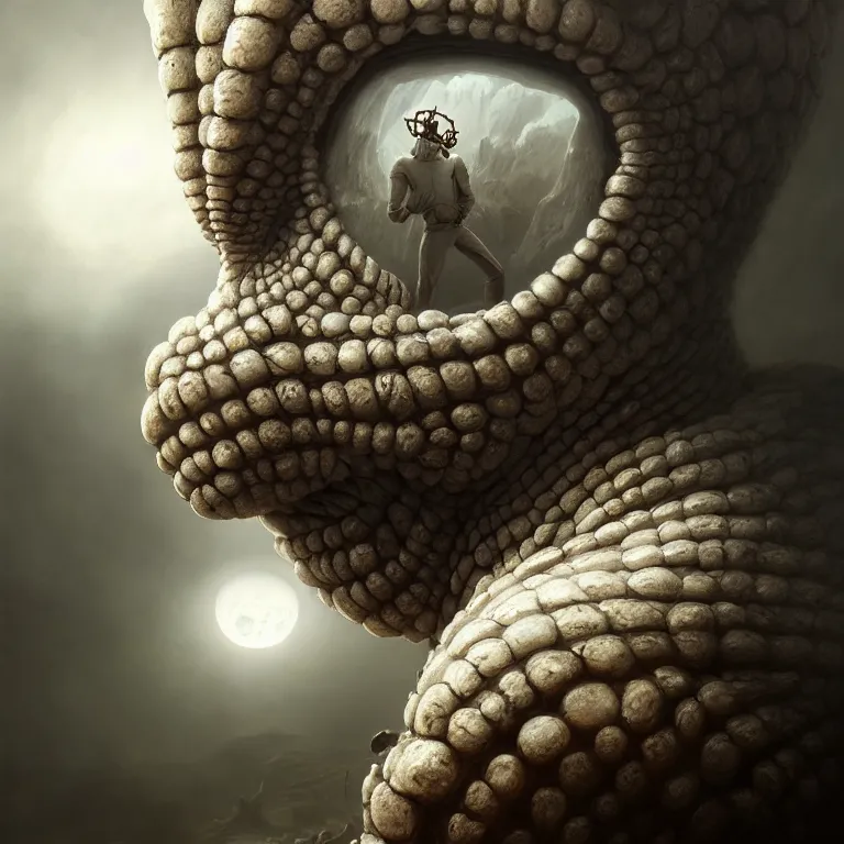 Prompt: portrait of faceless man wearing white ribbed scorpio as mask, wastelands on white exoplanet, baroque portrait painting, beautiful intricate insanely detailed octane render, artstation, 8 k artistic harsh flash photography, photorealistic, volumetric perfect light, chiaroscuro, raphael, caravaggio, beksinski, rutkowski, giger