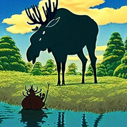 Prompt: \'Moose God\' by Studio Ghibli, now considered by art critics to be one of the most iconic and beautiful pieces of art in the 21st century