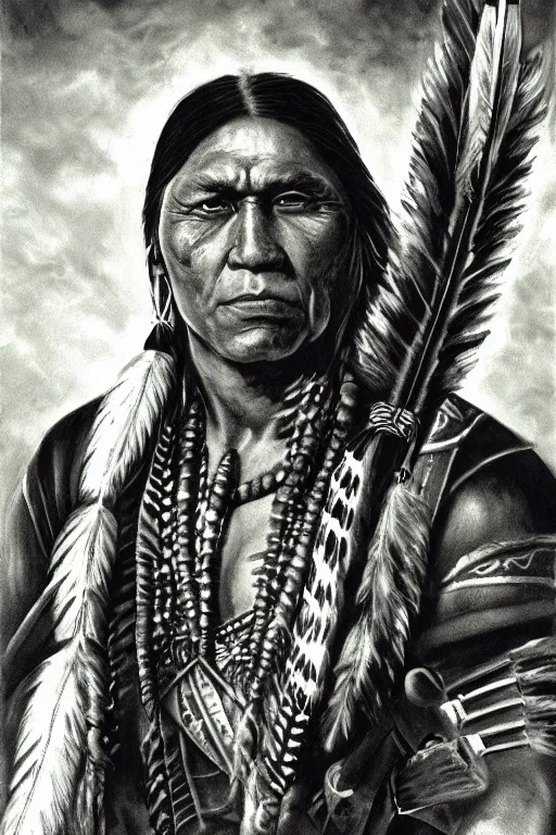 Prompt: Photo of Native American indian man Duke Nukem, portrait, skilled warrior of the Apache, ancient, realistic, detailed, Duke Nukem