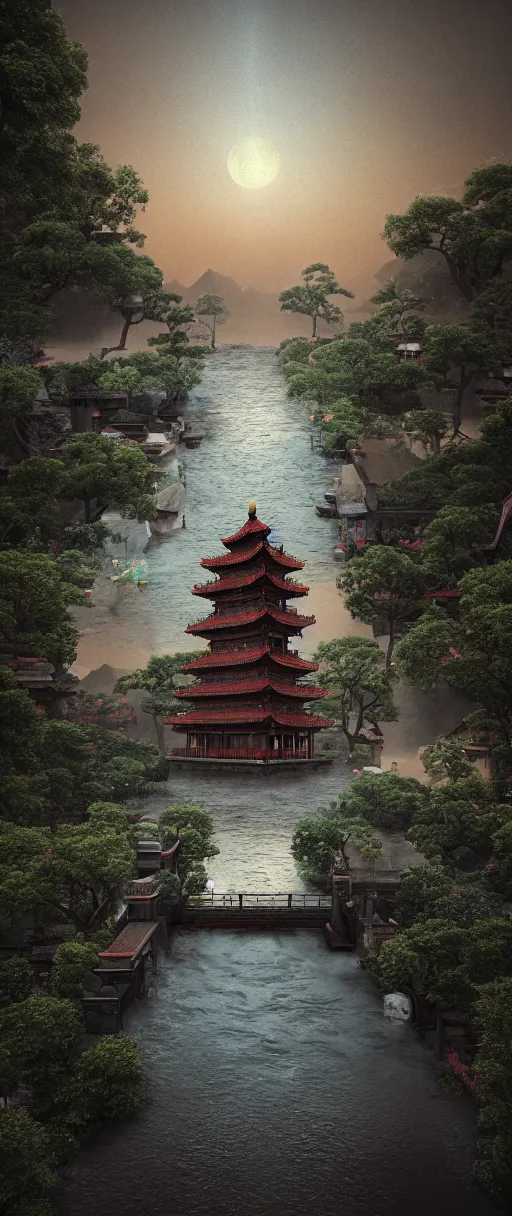 Prompt: kodak portra 4 0 0 photographic and realistic, ancien chinese tower, temple, night, moonlight, detailed, octane render, unreal engine, 4 k, artstation, hyper realistic, wide angle, floor flooded, how a river, objects that float, 3 5 mm, sharp focus, soft light, volumetric light, in the style of gregory crewdson