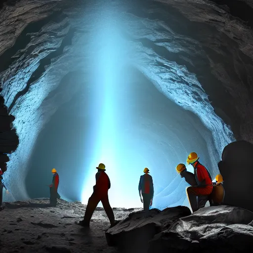 Prompt: digital painting of workers mining, for black opal in a large cavern, ethereal, shining rocks, trending on artstation, 4k, hd