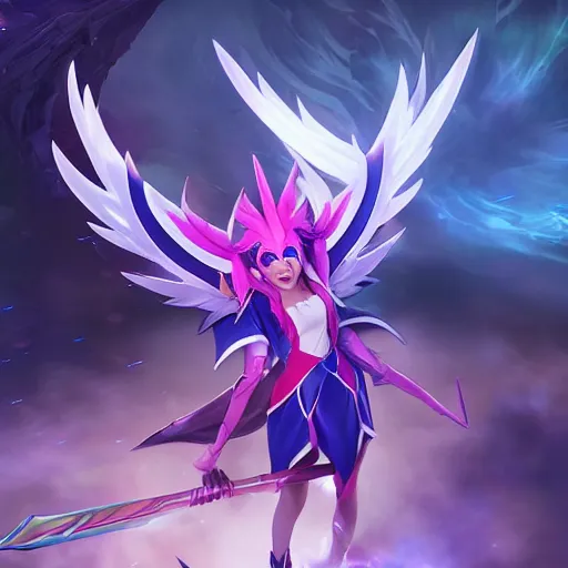 Image similar to star guardian xayah and star guardian kai'sa are friends, league of legends, by weta digital, 3 - dimensional, photograph, hyper relealistic, rays of shimmering light