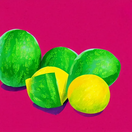 Image similar to retro, hd illustration of watermelons, big yellow lemons, mint leaves, ice cubes, inspired by watercolor masterpieces, matisse, malevich, david hockney, colorful, happy, trending on artstation, 4 k