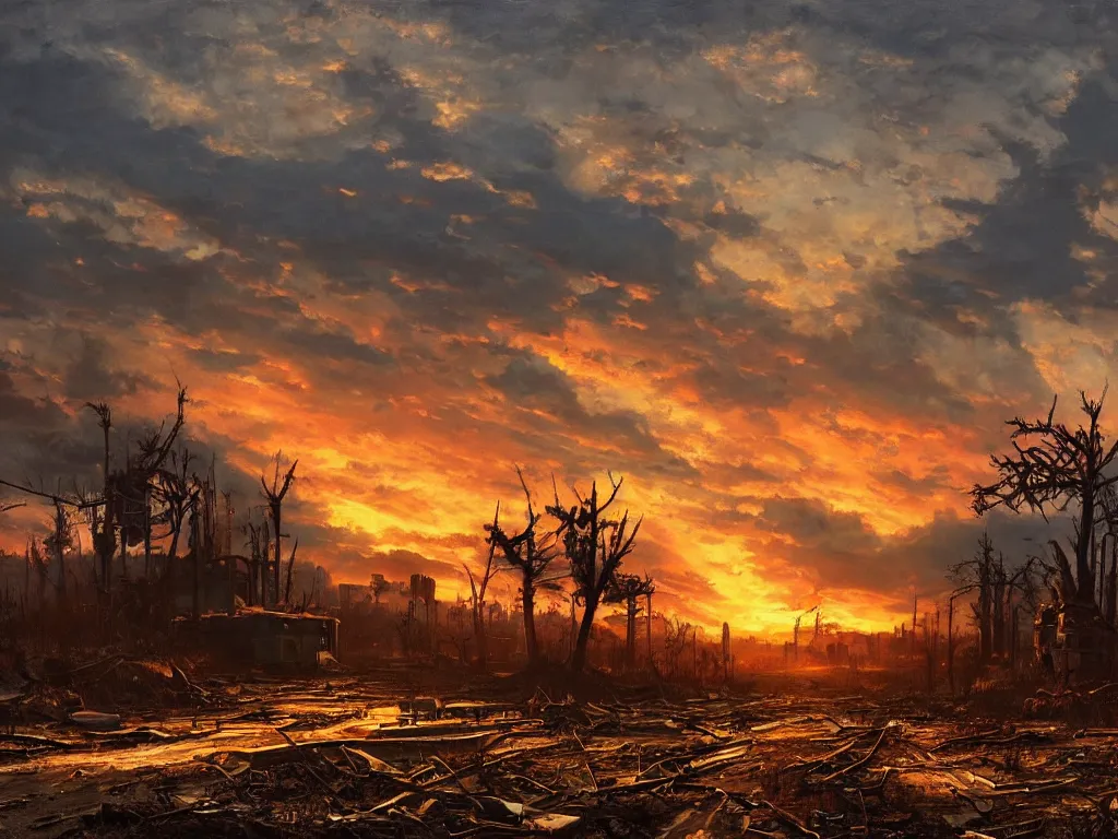 Image similar to a post apocalyptic atlanta landscape after a nuclear war, beautiful radioactive sunset lighting, beautiful painting, fallout 4, painted by albert bierstadt