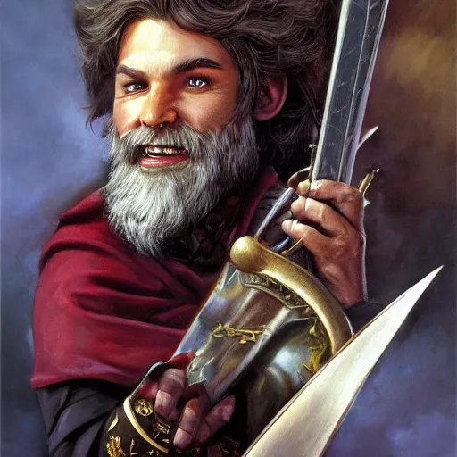 Image similar to beautiful portrait painting of a very short and small male halfing bard with brown hair with some grey hairs, full beard, ridiculous smile, from pathfinder, evil smirk, narcissist, self centered, casting fireball, painted by larry elmore, wayne reynolds, greg rutkowski, magic the gathering, dungeons and dragons, dishonored 2