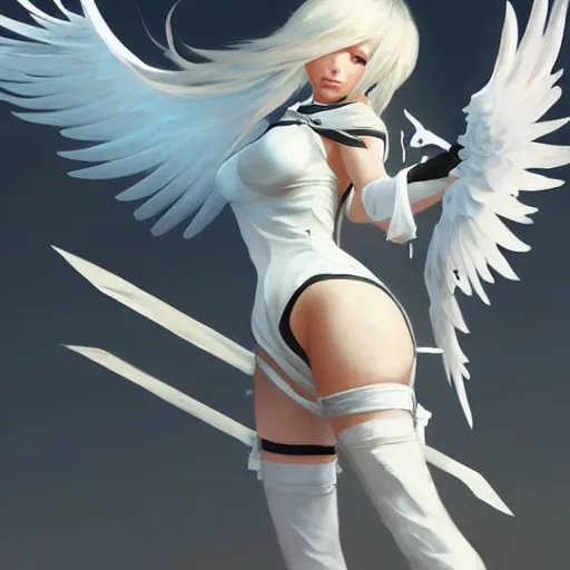 Image similar to greg manchess painting of a 2 yorha type a no. 2 as mercy from overwatch!!, white long hair, large white wings, wartorn environment, organic painting, trending on artstation, by huang guangjian and gil elvgren and sachin teng