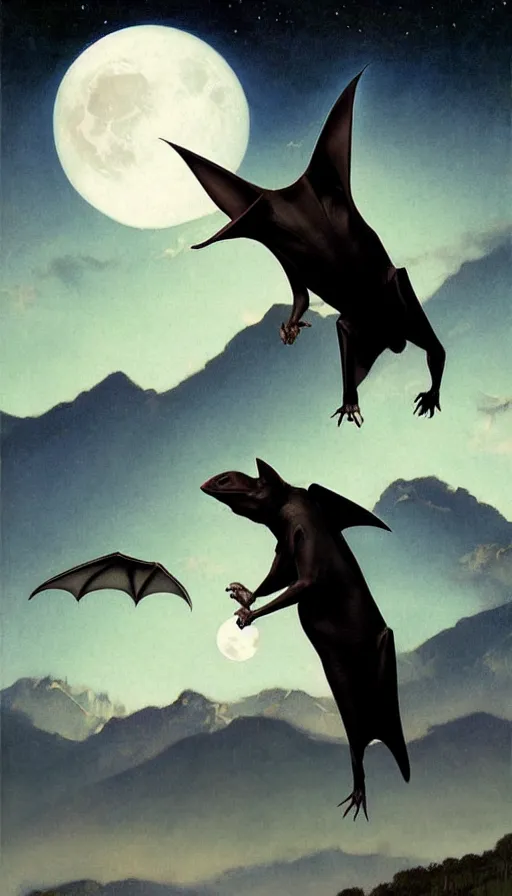 Prompt: hyper realistic white fruit bat, flying against a dark black night sky, mountain in the background, moonlight, denoised, very detailed, painted by, norman rockwell, tom bagshaw