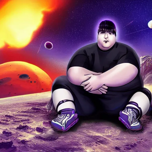 Image similar to portrait of an overweight depressed teenager with emo haircut wearing gothy purple and black spandex suit, sitting next to smashed burning spacecraft wreckage, on the orange surface of mars, highly detailed, dramatic lighting, photorealistic, cinematic