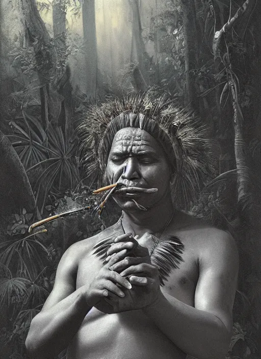 Prompt: a beautiful portrait of an indigenous man sitting in the jungle, surrounded by smoke, smoking a pipe, praying with tobacco, mysterious atmosphere, fantasy art, matte painting, highly detailed