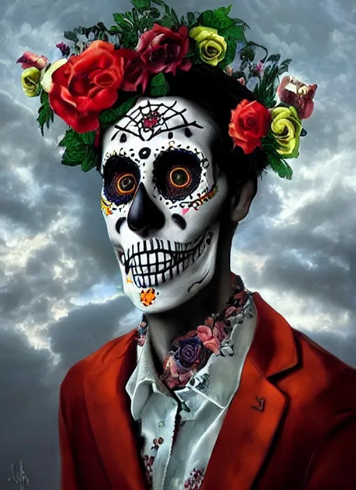 Image similar to dia de los muertos hombre theme surrealist art in the styles of igor morski, jim warren, and giuseppe mastromatteo, intricate, hyperrealistic, accurate facial details, profile picture with chromakey!!!!! background, volumetric lighting