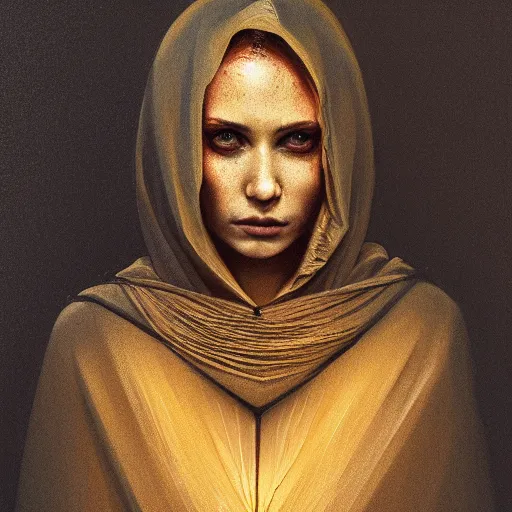 Image similar to a portrait of a young woman wearing a long dark cloak, hood and shadows covering face, holding golden chains, oil painting, matte painting, black background, Volumetric Golden dappled dynamic lighting, Highly Detailed, Cinematic Lighting, Unreal Engine, 8k, HD, by Beksinski