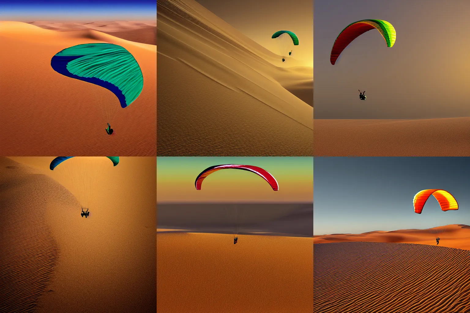 Prompt: green paraglider flying over the namibian sand dunes, digital art, digital painting, global illumination golden hour, dusk, fog