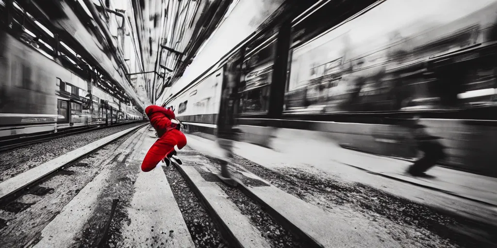 Image similar to a wide shot angle photography of a person jumping into a moving train