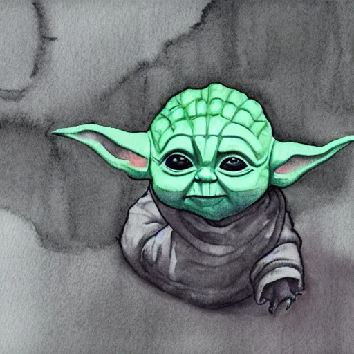Image similar to view from above, medium - shot, baby yoda on a well lit path in a dimly lit forest, dramatic cloudy setting sun, watercolor and ink, muted color. minimalist, detailed ue 5