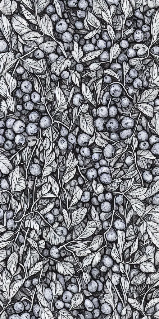 Image similar to horizontal medium close-up knee height botanical drawing of bushes with blueberries in a forest. Traditional art. Rustic. Nordic. 4K. Trending on artstation. Bushy. Nature. Artistic.