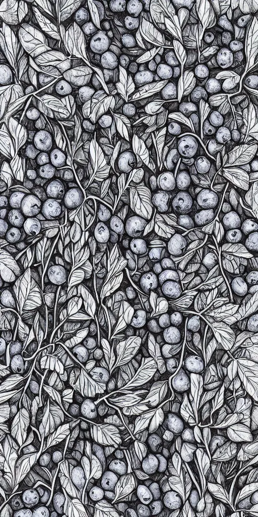 Prompt: horizontal medium close-up knee height botanical drawing of bushes with blueberries in a forest. Traditional art. Rustic. Nordic. 4K. Trending on artstation. Bushy. Nature. Artistic.