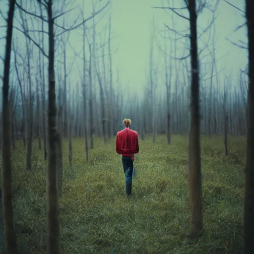 Image similar to kodak portra 4 0 0 photograph of a skinny guy standing in field of dead trees, flower crown, back view, moody lighting, moody vibe, telephoto, 9 0 s vibe, blurry background, vaporwave colors, faded!,