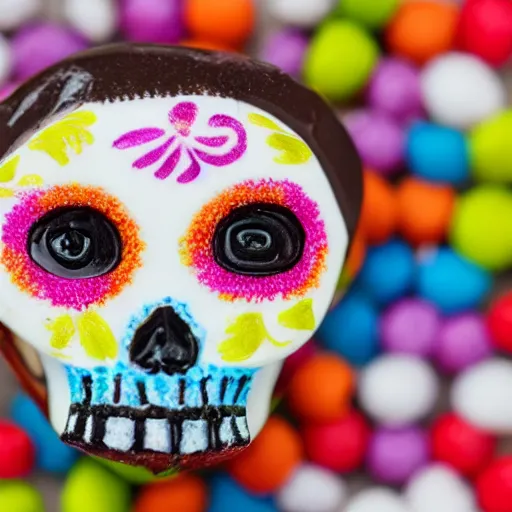 Image similar to mexican sugar skull candy in the shape of a havanese dog, ofrenda, 4 k close up photo, leica, bokeh