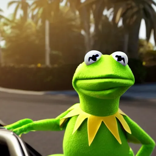 Image similar to a close up photo of a kermit the frog driving a mercedes, palm trees, close up, octane render, unreal engine, hyperdetailed