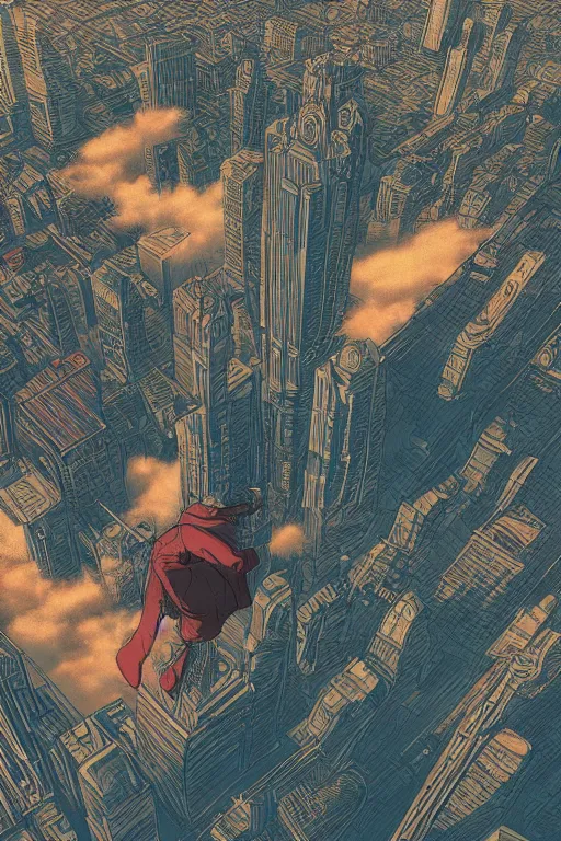 Image similar to concept art painting of a guy with wings flying over city, ground view, moody vibe, moody lighting, artgerm, moebius, inio asano, toon shading, cel shading, calm, tranquil, vaporwave colors,