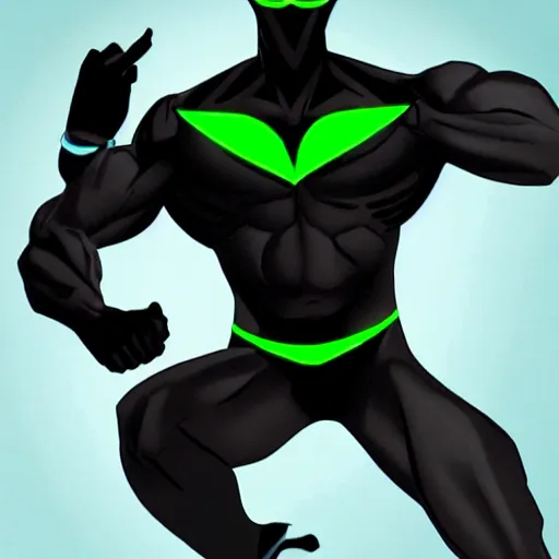 Image similar to dark - skinned superhero with a black suit and very minimal green details, his power comes from a ring that gives him feline - like powers and a spectacular mask that turns the iris of his eyes green. he has beard. as a weapon he has an expandable staff. he wears no cape. he has a belt as a feline tail, digital art
