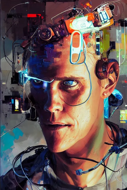 Image similar to zack greinke as a cyberpunk hacker, wires cybernetic implants, by adrian ghenie, esao andrews, jenny saville, james jean, dark art