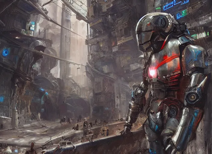 Image similar to medieval cyberpunk knight in a scenic cyberpunk environment, armor inspired by star wars and iron man, cybernetic implants, beautiful digital art, action pose, epic lighting, epic composition, sharp focus