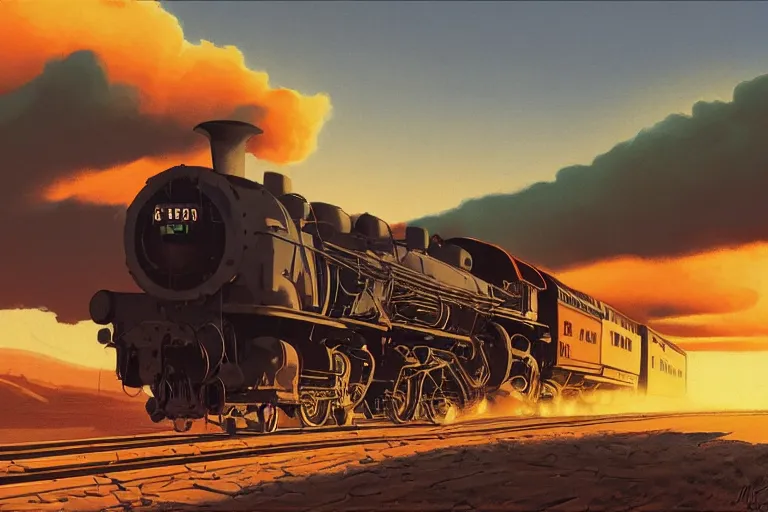 Image similar to idyllic old western freight train illustration by syd mead, artstation, 4 k, graphic novel, concept art, matte painting, steam engine spewing billowy white clouds of steam, beautiful mountain desert sunset background, golden hour