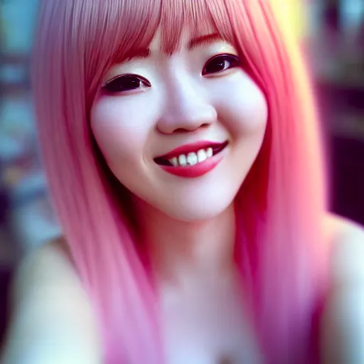 Image similar to beautiful hyperrealism selfie of nikki from shining nikki, a cute 3 d young woman smiling sofly, long light pink hair and full bangs, flushed face, small heart - shaped face, amber eyes, chinese heritage, golden hour, 8 k, instagram