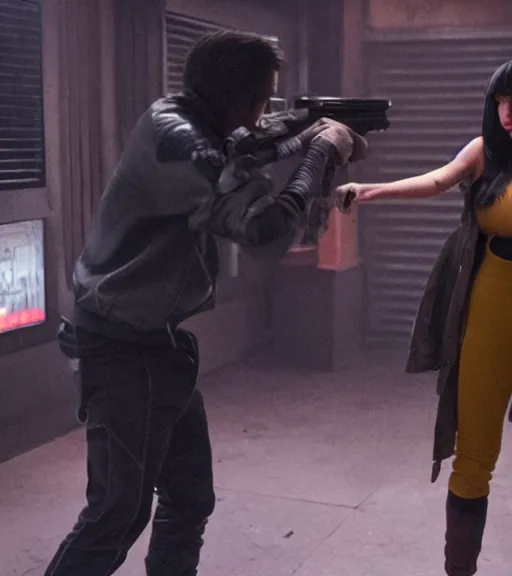 Prompt: a movie still of kylie jenner as joi aiming a gun at ryan gosling in the movie blade runner 2 0 4 9