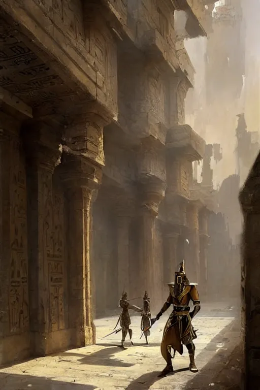 Image similar to a fantasy concept artwork depicting an armored ancient egyptian palace guard walking through the egyptian courtyard by anders zorn, craig mullins and greg rutkowski, beautiful cinematic light