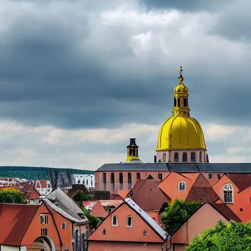 Image similar to a large yellow building with a steeple on top of it, on a hill, a flemish baroque by karl stauffer - bern, unsplash, heidelberg school, panorama, wimmelbilder, romanesque, danube school, pixabay contest winner