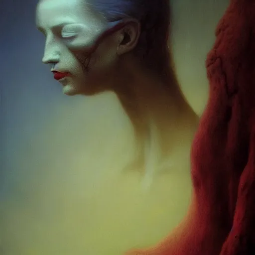 Prompt: Beautiful fantasy portrait of a vampire by Zdzisław Beksiński, atmospheric, vibrant colors, volumetric lighting, cinematic, intricate detail, trending on artstation, cgsociety 4k