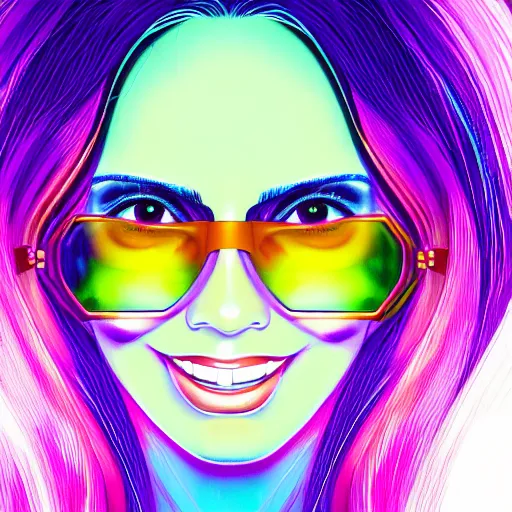 Image similar to closeup painting of a very beautiful young mexican cyberpunk woman with a smile, light blue neon shutter shades!! on her face, and a purple coloured leather jacket, one side haircut, long brown hair with light blue ends, portrait, sci - fi, hyperdetailed, cgsociety, synthwave by tangerine dream, by jean - michel jarre, by vangelis, by john carpenter