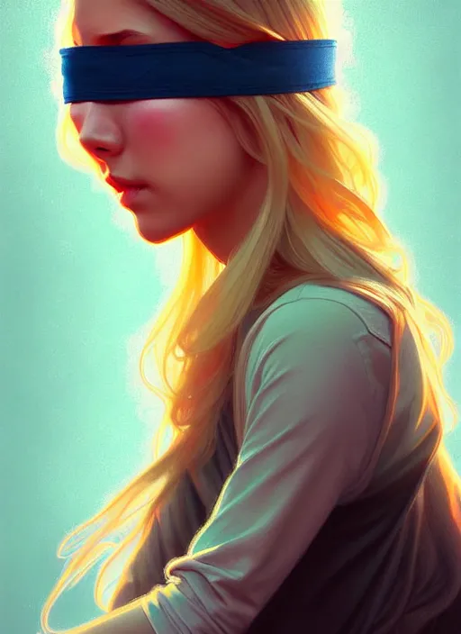 Image similar to blindfolded handsome young women with shoulder length blonde hair, symmetrical, half body shot, path traced, highly detailed, high quality, digital painting, alena aenami, lilia alvarado, shinji aramaki, karol bak, alphonse mucha, tom bagshaw