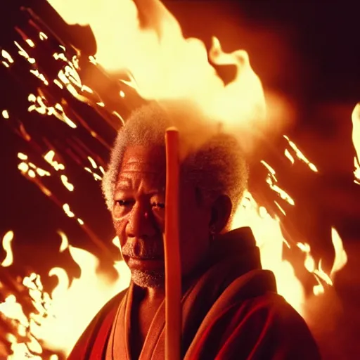 Prompt: cinematic film still of Morgan Freeman starring as a Samurai holding fire, Japanese CGI, VFX, 2022, 40mm lens, shallow depth of field, film photography