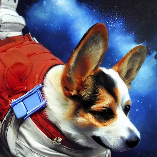 Prompt: a heroic corgi cosmonaut, highly detailed digital painting by ruan jia