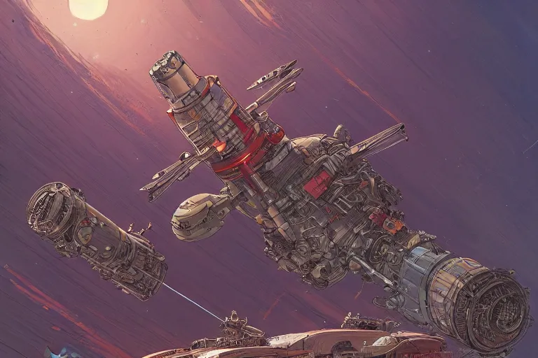 Prompt: a detailed painting of a martian hot - rod rocket blasting off, by moebius and geof darrow, wlop, tooth wu cinematic, concept art, detailed, intricate lines, trending on artstation