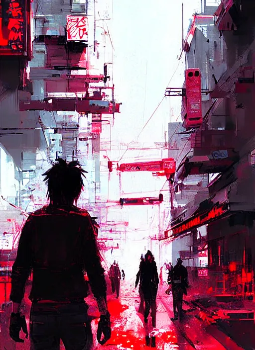 Image similar to horror art, terminators in shinjuku street, red cloud in the background, art by ismail inceoglu