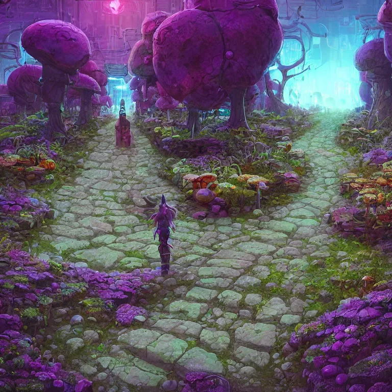 Prompt: a stone pathway leading to a a circlular portal structure built out of mushrooms and plants, cyberpunk, epic surrealism, indigo, purple, cyan, detailed digital matte painting in the style of simon stalenhag and greg hildebrandt artstation