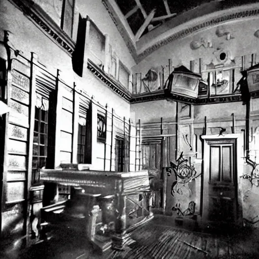 Prompt: inside the haunted mansion at disneyland, it is now a prison,