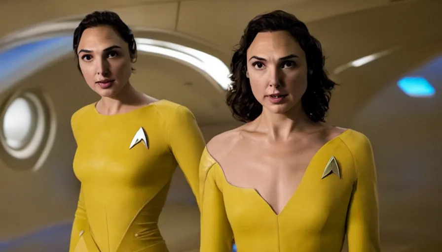 Image similar to Gal Gadot, wearing yellow, is the captain of the starship Enterprise in the new Star Trek movie