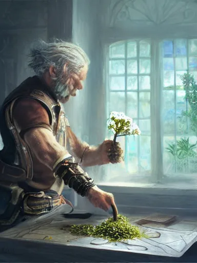 Image similar to a magical male socerer, working in a table full of artifacts. weeds anf flowers growing on the floor. intricate, elegant, highly detailed, digital painting, artstation, concept art, sharp focus, illustration, by justin gerard and artgerm, 8 k