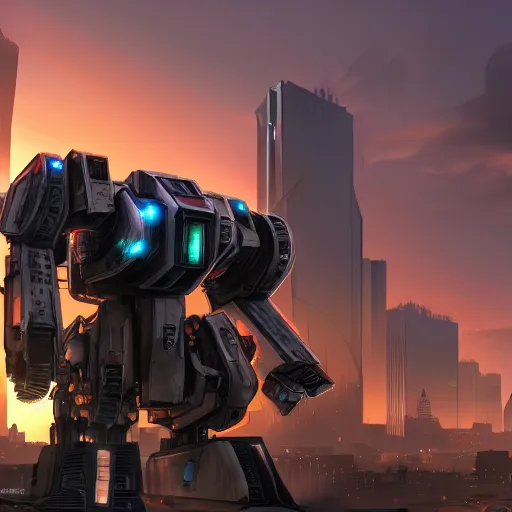 Image similar to Urbanmech defending city at sunset, battletech, mechwarrior, hyperrealistic, photorealistic, ultra hd, rendered in Unreal engine, artstation, digital illustration, highly detailed, intricate, award-winning, 4k, beautiful colors, cinematic lighting