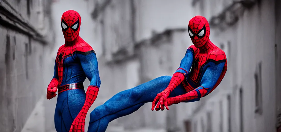 Image similar to Gigachad as Spider-Man, film still, wide-shot, full shot, cinematic lens, heroic portrait