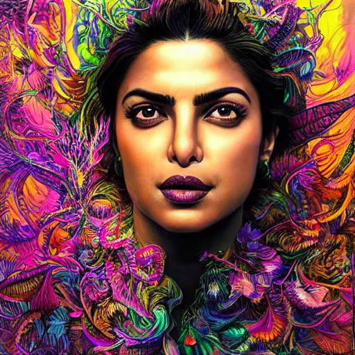 Image similar to portrait of priyanka chopra, hyper detailed masterpiece, neon floral pattern, jean giraud, digital art painting, darkwave goth aesthetic, psychedelic, artgerm, donato giancola and tom bagshaw