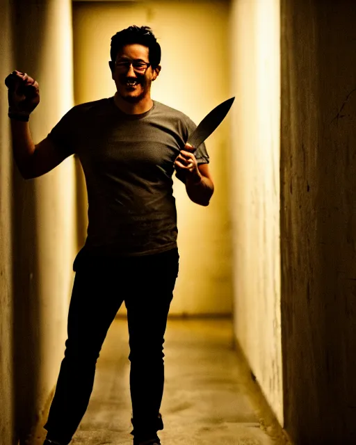 Image similar to markiplier holding a knife smiling in a dark hallway in a never ending warehouse | | epic - fine - clean, polished, trending on artstation, brush strokes