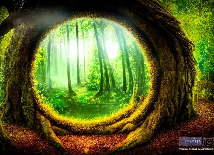 Prompt: photo of a portal to another magical world. Forest in the background. Fantasy magic style. Highly detailed 8k. Intricate. Nikon d850 55mm. Award winning photography.